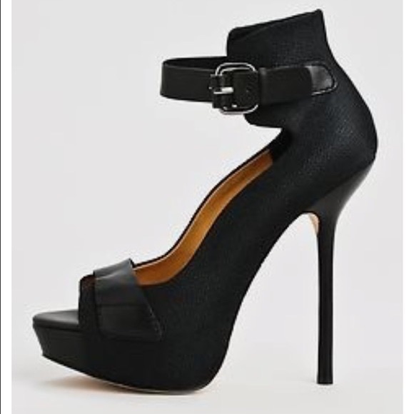 L.A.M.B. Shoes - L.A.M.B. Chap ankle strap stiletto heels fabric leather combo black 7 1/2